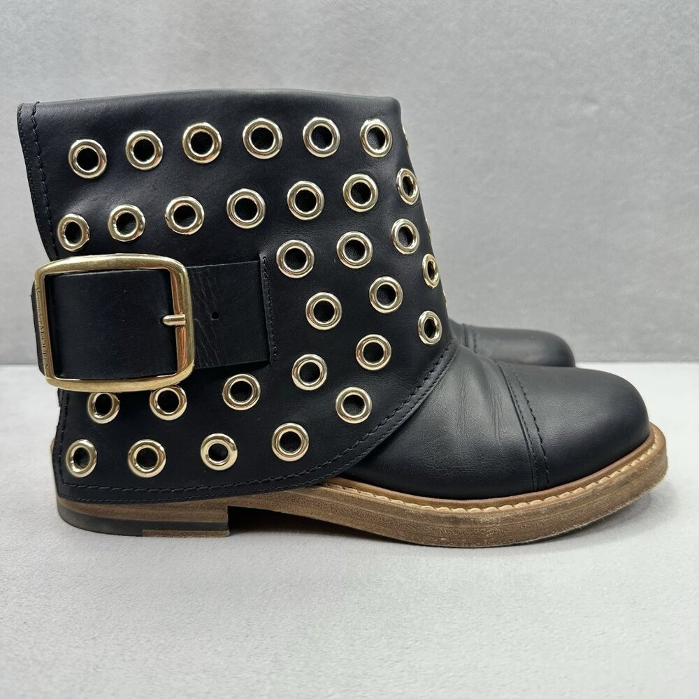 Alexander McQueen Womens 9 (EU 39) Ankle Boots Black Leather Buckle Gold Grommet